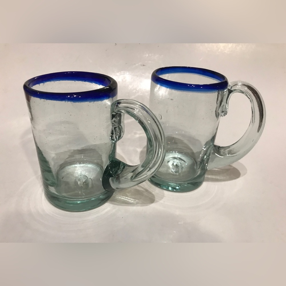 Set of 2 Mexican Hand Blown Glass Mugs / Steins with Cobalt Blue Trim